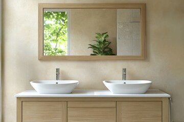 Bright bathroom featuring double sinks and a large framed mirror