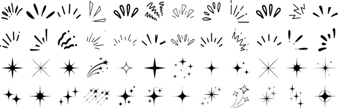Doodle line sparkle vector set, hand drawn shining stars, comic burst elements, and decorative glowing sparkling star highlight. Cartoon explosion, dynamic light flash, twinkle star, firework effect