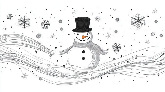 6.A minimalist black-and-white line drawing of a snowman with a top hat and carrot nose, surrounded by large snowflakes and swirling wind lines. The design features adjustable stroke widths, making