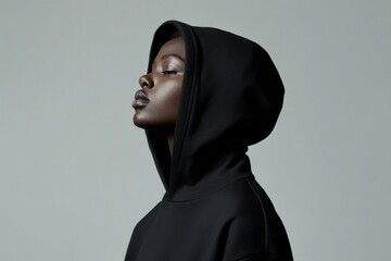 A stylish black hoodie worn by a model, facing sideways with the hood up, set against a neutral gray studio background