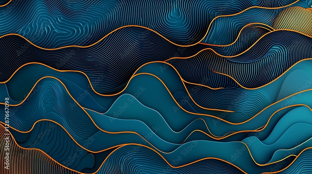 Poster abstract waves of blue and orange with flowing lines in fluid motion and dynamic rhythm