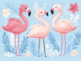 Obraz premium A cute, cartoon-style flamingo with pastel pink. The flamingo should have big, friendly eyes and a small smile. Rounded lines and a light, cheerful vibe with a touch of whimsy, perfect for a fun and a