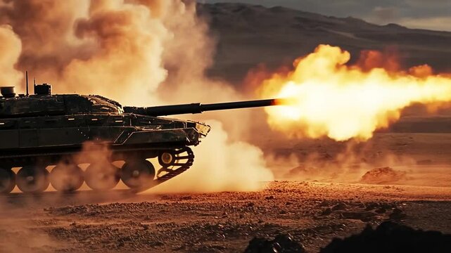 A modern tank fires a round, creating a burst of fire and smoke in a desolate environment.