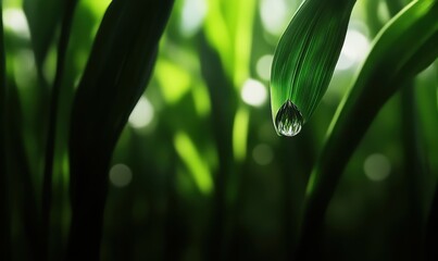 Close-up of a dew drop on a green grass blade, surrounded by lush foliage in a serene garden