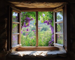 Rustic window, open, lilac blooms, countryside view
