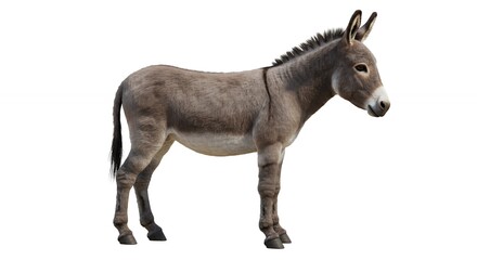 Obraz premium A light gray donkey stands facing right on white background