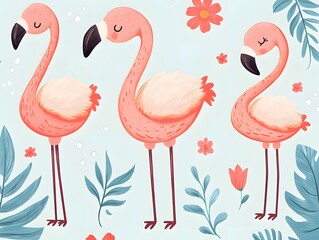Obraz premium A cute, cartoon-style flamingo with pastel pink. The flamingo should have big, friendly eyes and a small smile. Rounded lines and a light, cheerful vibe with a touch of whimsy, perfect for a fun and a