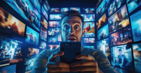 Close-up of an astonished man holding a smartphone, surrounded by numerous vibrant screens streaming diverse multimedia and entertainment content.
