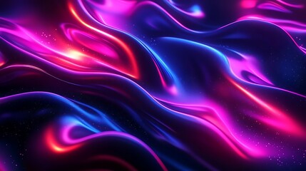 Obraz premium Abstract ripple patterns illuminated with radiant neon colors, smooth wave-like curves symbolizing data flow, glowing edges and vibrant nodes scattered across,