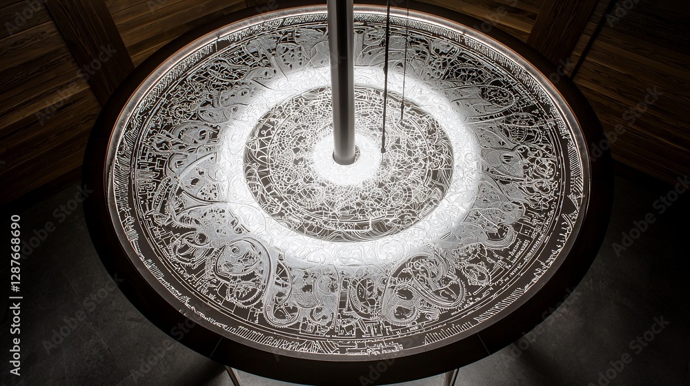 Poster illuminated circular table with intricate etched design.