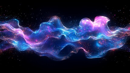 Abstract ripple wave design visualizing statistical data flow, glowing neon hues of cyan and violet, smooth curves and dynamic energy, futuristic dark backdrop with reflective effects,