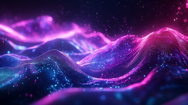 Abstract ripple wave design visualizing statistical data flow, glowing neon hues of cyan and violet, smooth curves and dynamic energy, futuristic dark backdrop with reflective effects,