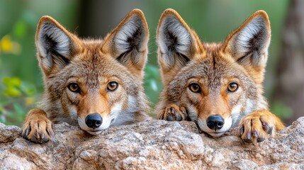 Fototapeta premium Coyotes resting on rocky terrain in a natural habitat during daylight hours