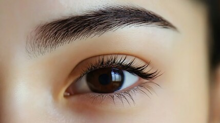 Obraz premium Close-up of a beautiful woman's eye with thick eyebrows and eyelashes. Macro shot of a female model with brown eyes looking at the camera.