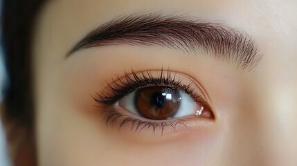 Fototapeta premium Close-up of a beautiful woman's eye with thick eyebrows and eyelashes. Macro shot of a female model with brown eyes looking at the camera.