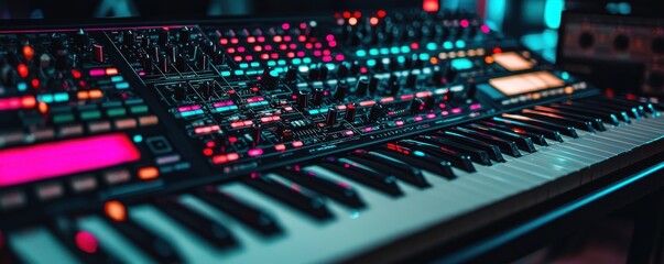 Fototapeta premium A vibrant synthesizer creating rhythmic sounds in a modern music studio environment.