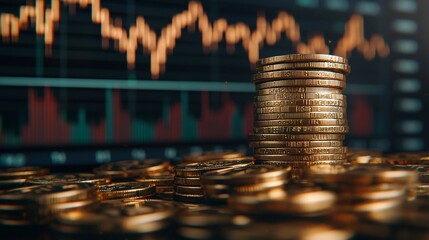 Gold coins stacked high against a stock market graph background.