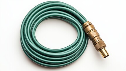 A coiled garden hose with a brass nozzle, isolated on a white background 