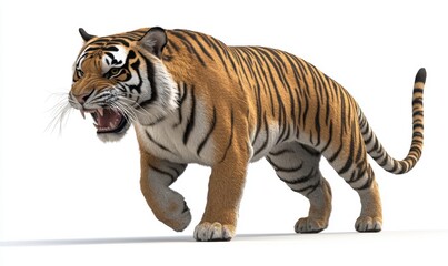 Obraz premium Growling tiger strides forward on white backdrop, ideal for wildlife projects