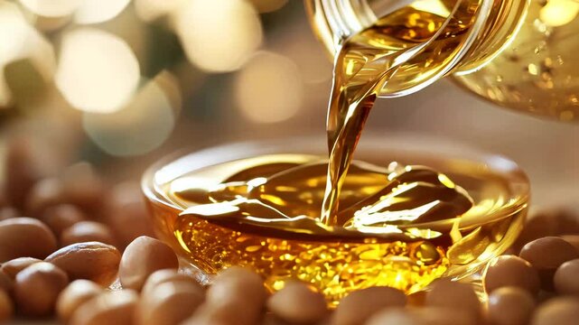A rich golden stream of pure argan oil being poured into a glass dish, surrounded by argan nuts, with warm, glowing bokeh in the background. This luxurious oil is widely used in skincare, hair care