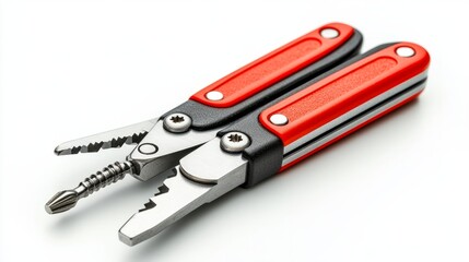 Fototapeta premium A compact multi-tool with various screwdriver heads and a folding design, isolated on a white background