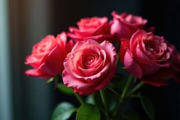 A bouquet of roses unfolding their petals in the dim light, unfolding, delicate