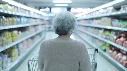 Dementia symptoms in a senior woman forgetting her grocery list at the store. Featuring confusion and frustration
