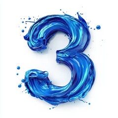 Number 3 made of swirling blue paint with dramatic liquid movement and high-gloss highlights isolated on a clean white background