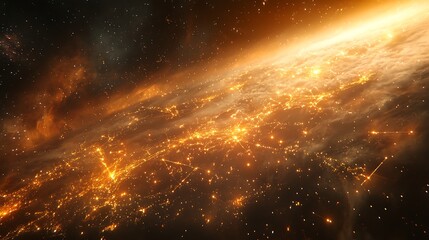 Naklejka premium Cosmic trade routes visualized as radiant stars interconnected by glowing galactic lines, abstract data points embedded in the constellations, dark nebula-filled backdrop,