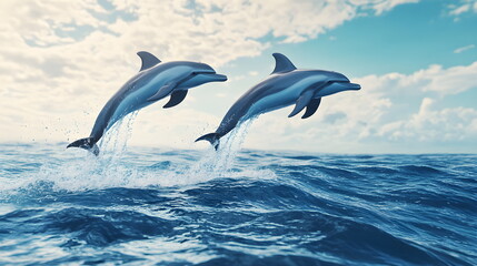 Photorealistic Scene of Dolphins Leaping from a Calm Ocean – Crisp Water Splashes, Soft Pale Blue Waves, a Light Turquoise Sky with Gentle Clouds, and Vivid Details Captured in High