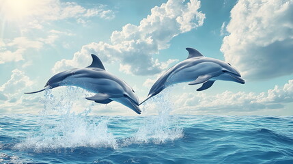 Obraz premium Photorealistic Scene of Dolphins Leaping from a Calm Ocean – Crisp Water Splashes, Soft Pale Blue Waves, a Light Turquoise Sky with Gentle Clouds, and Vivid Details Captured in High