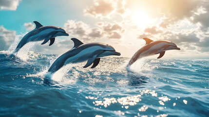Photorealistic Scene of Dolphins Leaping from a Calm Ocean &ndash; Crisp Water Splashes, Soft Pale Blue Waves, a Light Turquoise Sky with Gentle Clouds, and Vivid Details Captured in High