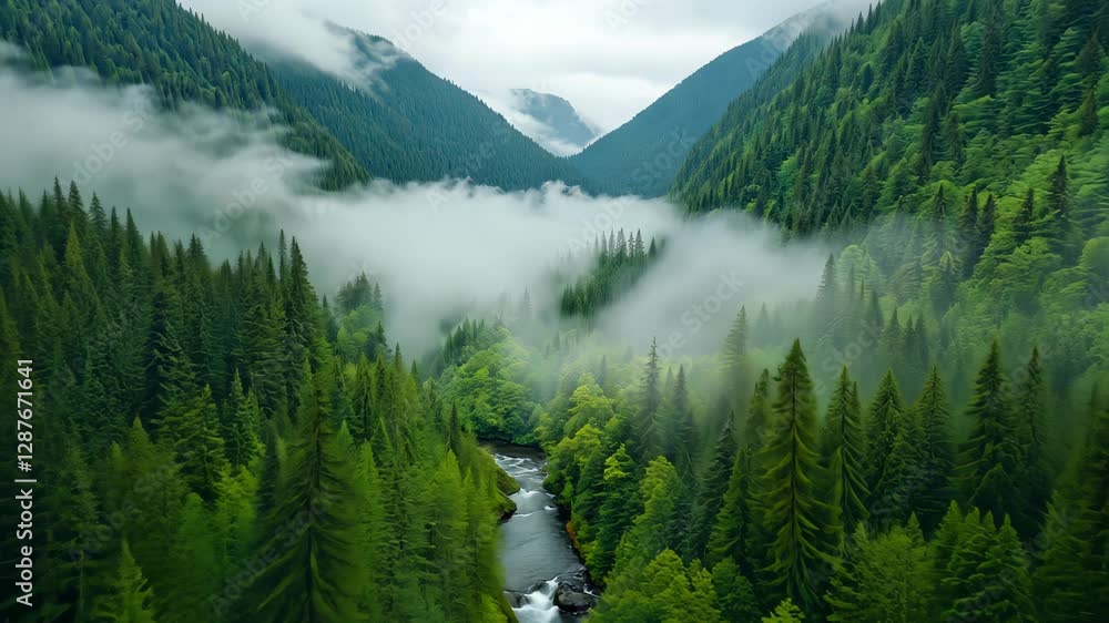Poster fog over lush forest in mountain valley with river and pine trees on cloudy day creating serene natu