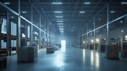 High-tech logistics center optimizing import costs with AI, digital screens displaying tariff calculations, futuristic lighting,