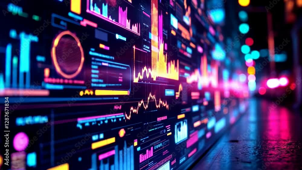 Fototapete Dynamic neon data analysis in a futuristic digital environment displaying interactive charts