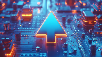 Obraz premium Glowing Blue Arrow Symbolizing Technology Growth on Digital Circuit Board Background