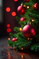 Bright red spherical lights adorn the tiny Christmas tree, ball, Christmas, red