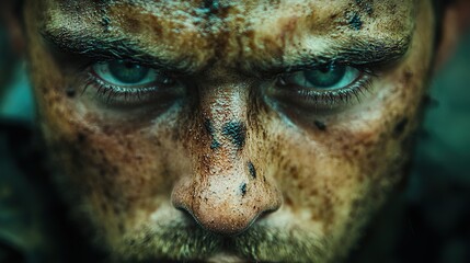 A close-up of a face and eyes, looking angry with the head slightly tilted back in a frontal view, wearing camouflage .