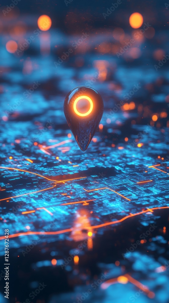 Aufkleber futuristic digital map with glowing location pin marker in blue and orange tones. technology and nav