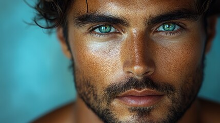 Obraz premium A close-up portrait of an attractive male model with green eyes, dark hair, and a short beard, posing for the camera.