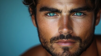 Obraz premium A close-up portrait of an attractive male model with green eyes, dark hair, and a short beard, posing for the camera.