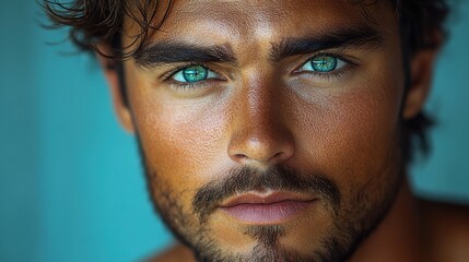 Obraz premium A close-up portrait of an attractive male model with green eyes, dark hair, and a short beard, posing for the camera.
