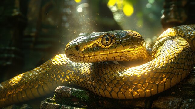 Ancient serpent rests in a sunlit jungle. AI.