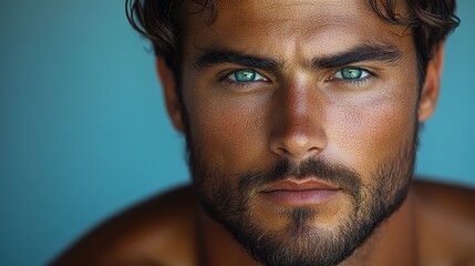 Fototapeta premium A close-up portrait of an attractive male model with green eyes, dark hair, and a short beard, posing for the camera.