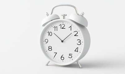 White alarm clock on white background, time management concept