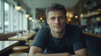 Man in cafe, seated, portrait,  blurred background of other patrons