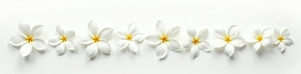 Fototapeta premium Delicate white jasmine flowers bloom in a sparse arrangement on a stark white background, petals, blooms