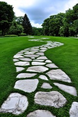 Beautiful stone pathway winding through a lush green lawn under a cloudy sky