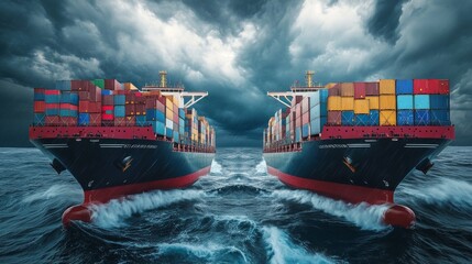 Two cargo ships facing each other, symbolizing trade war between nations, national flags painted on containers, stormy sky, dramatic perspective, photorealistic,