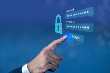 Businessman pressing login button on virtual screen for internet technology network connection on smartphone application. Data privacy and cyber security Concept
